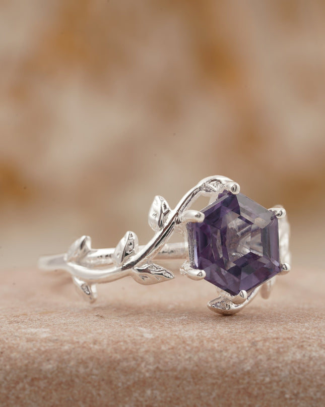 Hexagon Cut Alexandrite Nature Inspired Leaf Engagement Ring