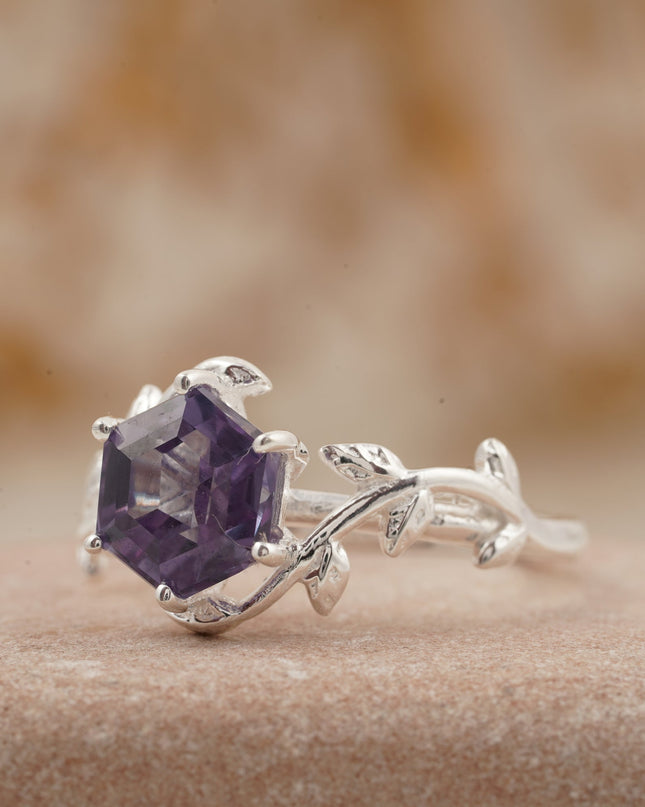 Hexagon Cut Alexandrite Nature Inspired Leaf Engagement Ring