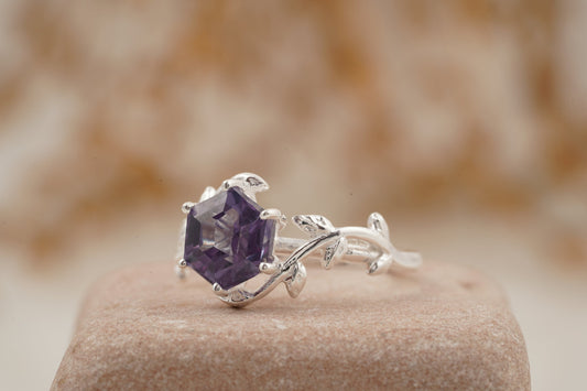 Hexagon Cut Alexandrite Nature Inspired Leaf Engagement Ring