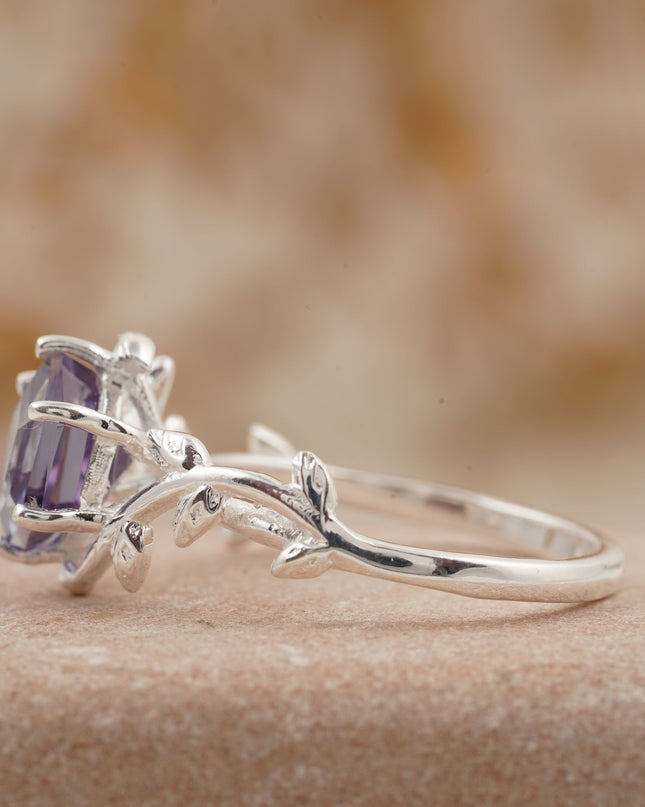Hexagon Cut Alexandrite Nature Inspired Leaf Engagement Ring