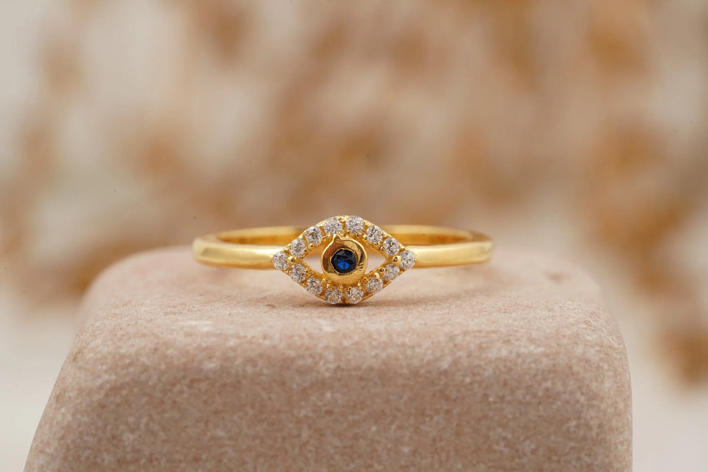 Diamond Evil Eye Ring 14K Solid Gold Minimalist Ring - Gigiscc