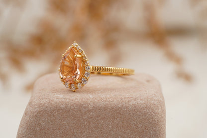 Pear Cut Morganite Halo Diamond Engagement Ring