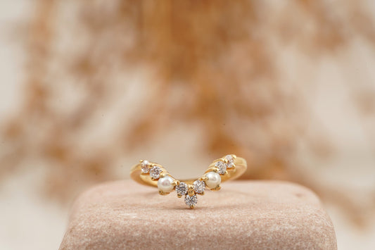 Curved Pearl Wedding Band in Solid Gold Elegant Ring