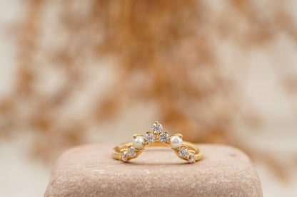 Curved Pearl Wedding Band Solid Gold Ring Pearl band ring