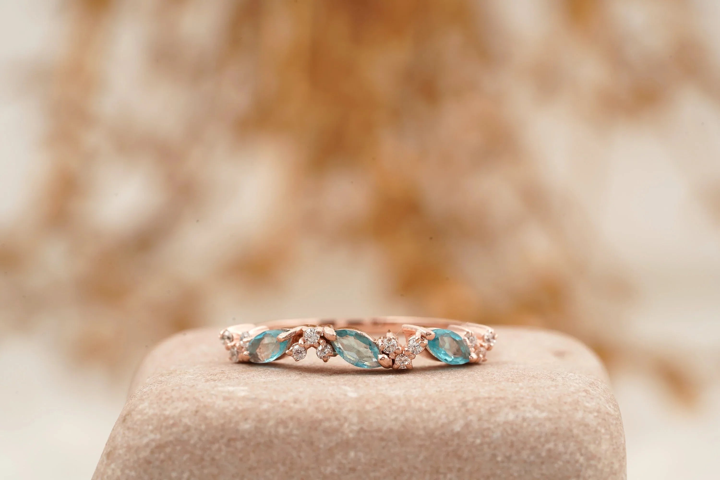 Marquise Aquamarine Wedding Band Solid Gold March Birthstone - Gigiscc