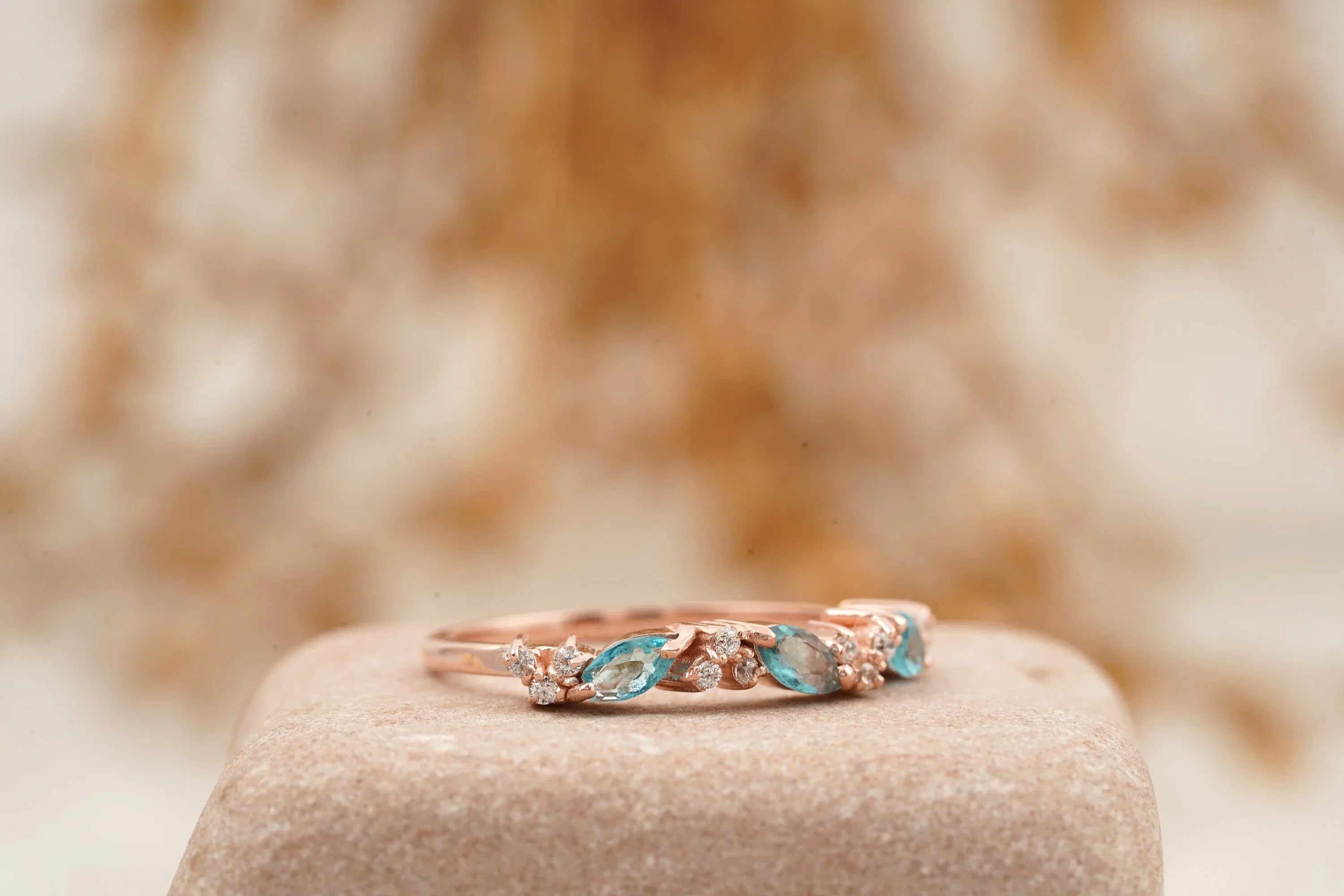 Marquise Aquamarine Wedding Band Solid Gold March Birthstone - Gigiscc