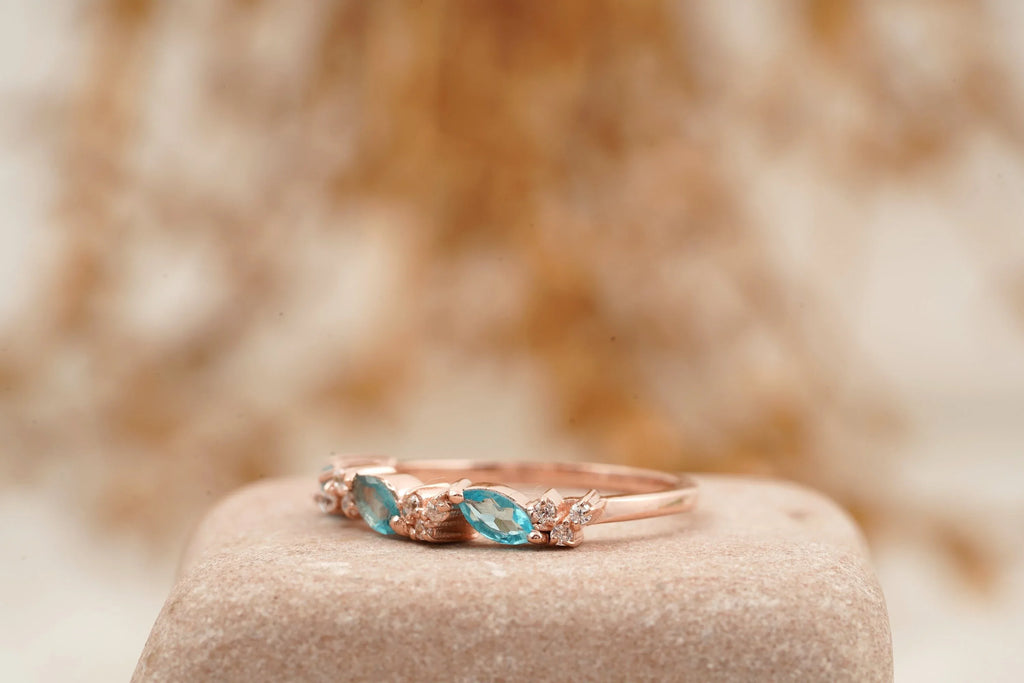 Marquise Aquamarine Wedding Band Solid Gold March Birthstone - Gigiscc