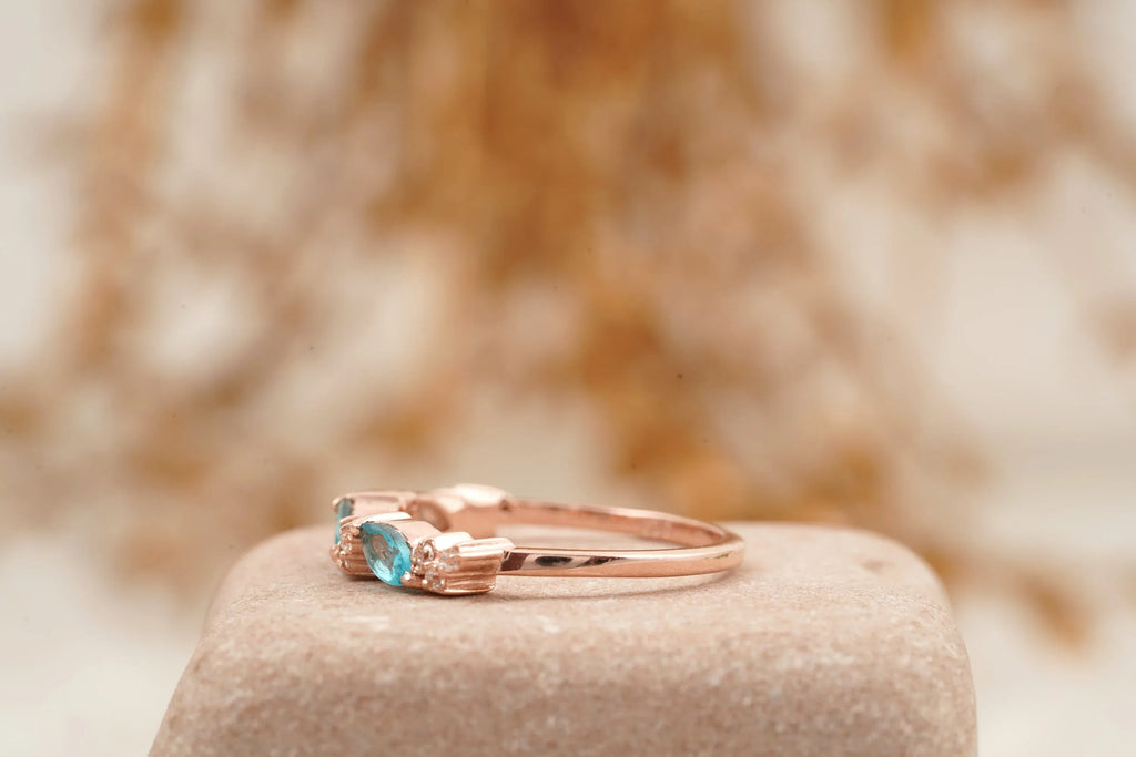 Marquise Aquamarine Wedding Band Solid Gold March Birthstone - Gigiscc