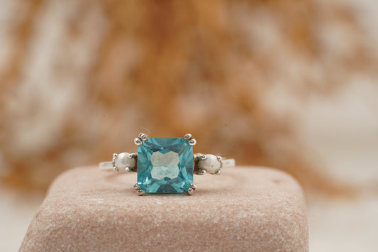 Elegant Cushion Cut Aquamarine and Pearl Engagement Ring