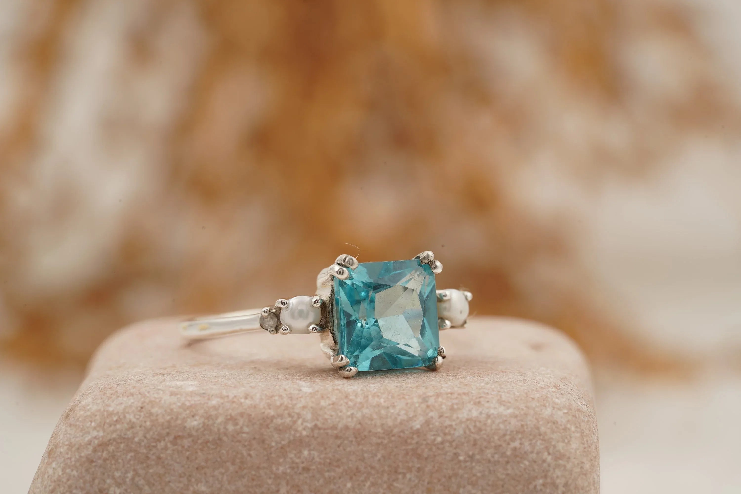 Unique Cushion Cut Aquamarine And Pearl Engagement Ring - Gigiscc