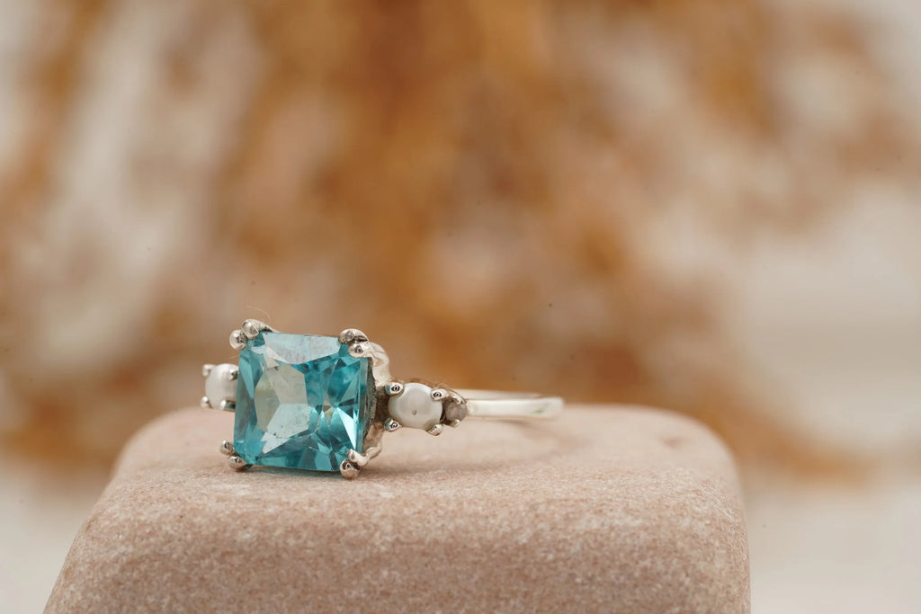 Unique Cushion Cut Aquamarine And Pearl Engagement Ring - Gigiscc