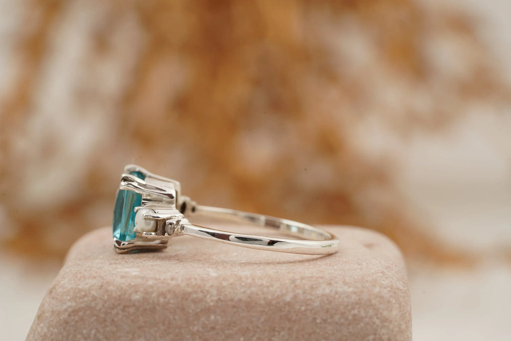 Unique Cushion Cut Aquamarine And Pearl Engagement Ring - Gigiscc