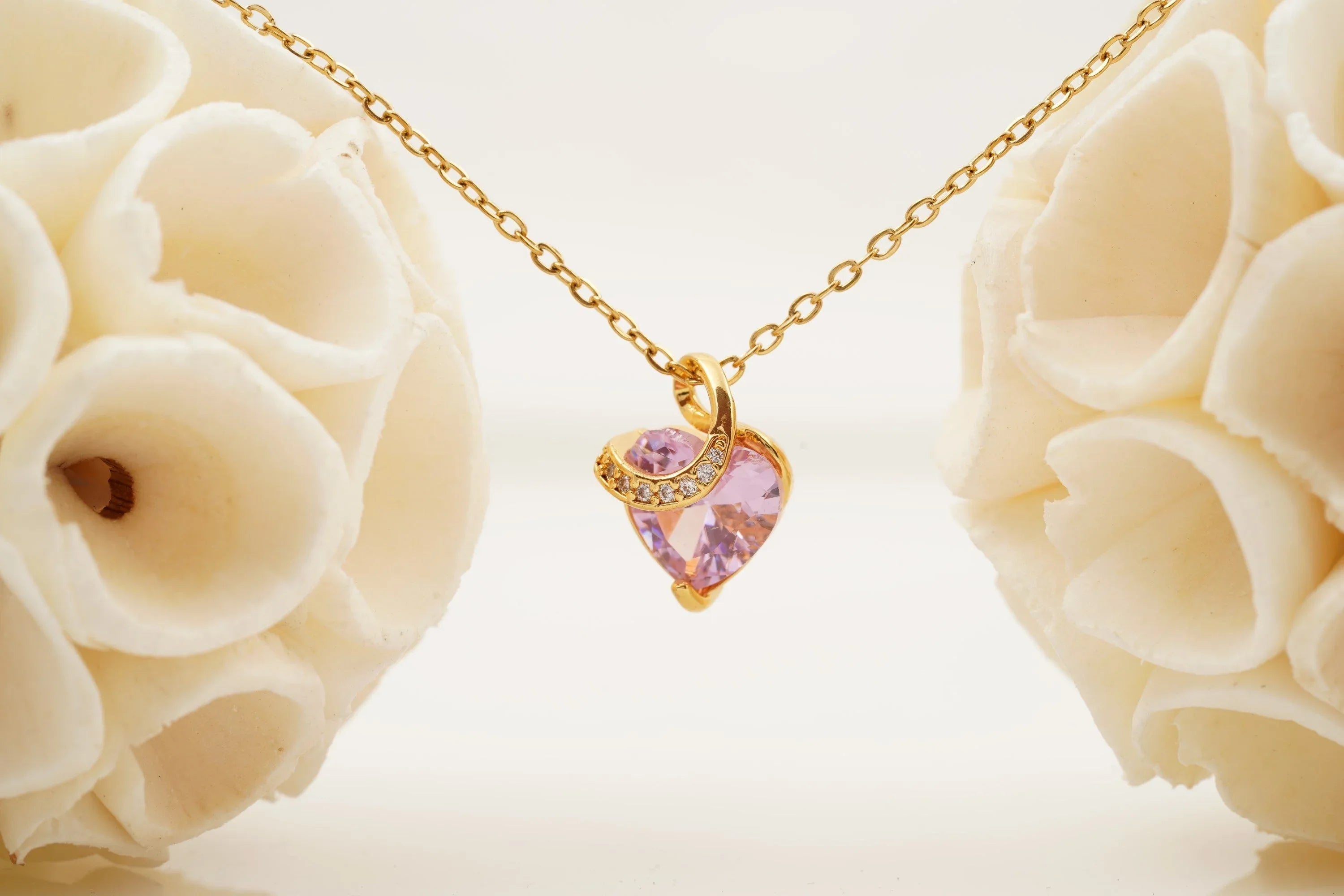 Pink Sapphire Heart Shaped Dainty Necklace With Gold Chain - Gigiscc