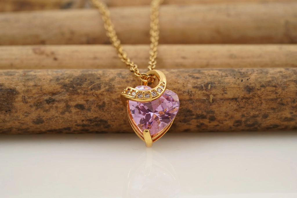 Pink Sapphire Heart Shaped Dainty Necklace With Gold Chain - Gigiscc