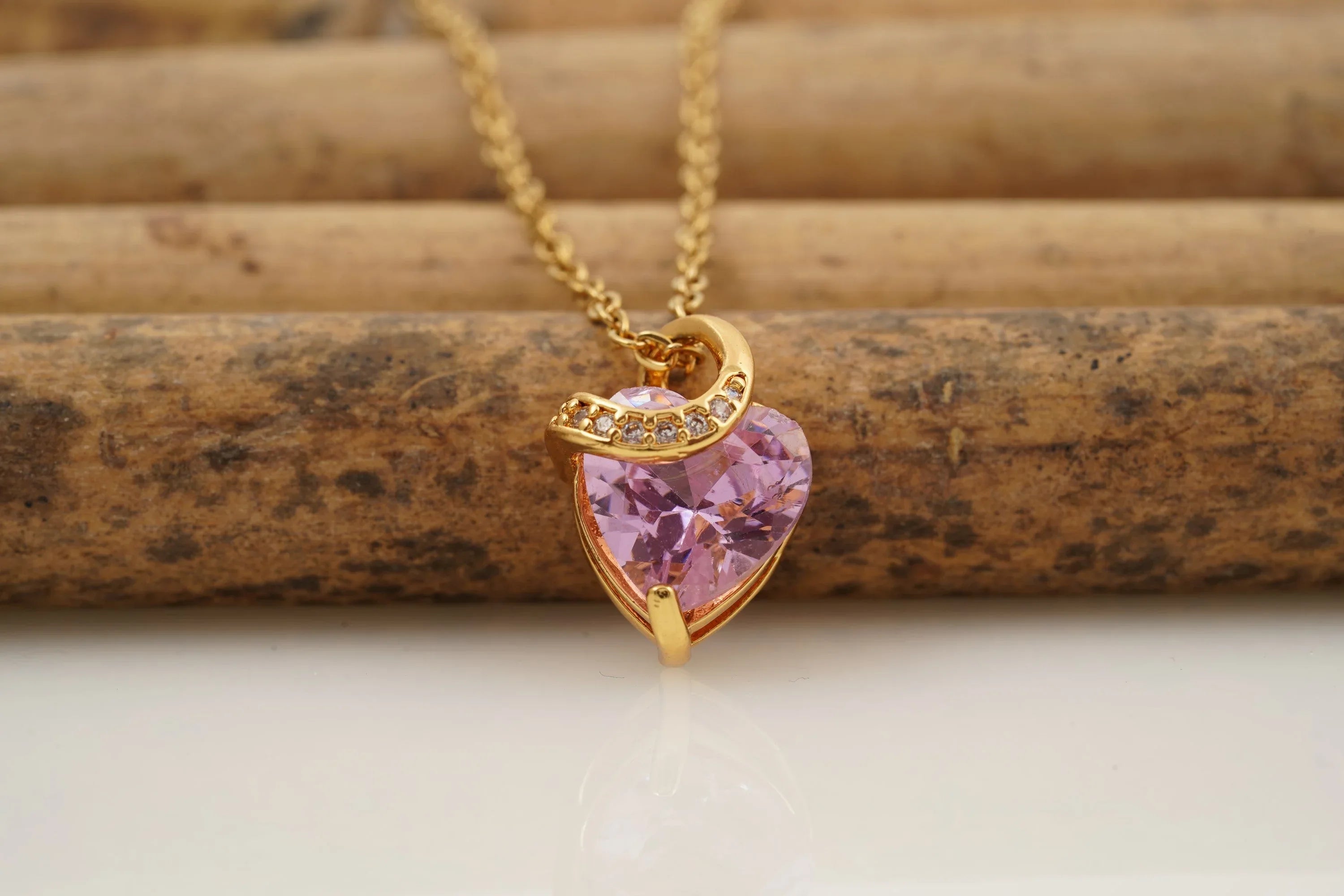 Pink Sapphire Heart Shaped Dainty Necklace With Gold Chain - Gigiscc
