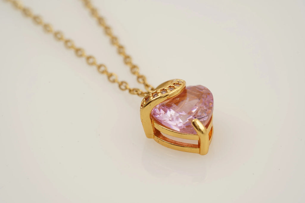 Pink Sapphire Heart Shaped Dainty Necklace With Gold Chain - Gigiscc