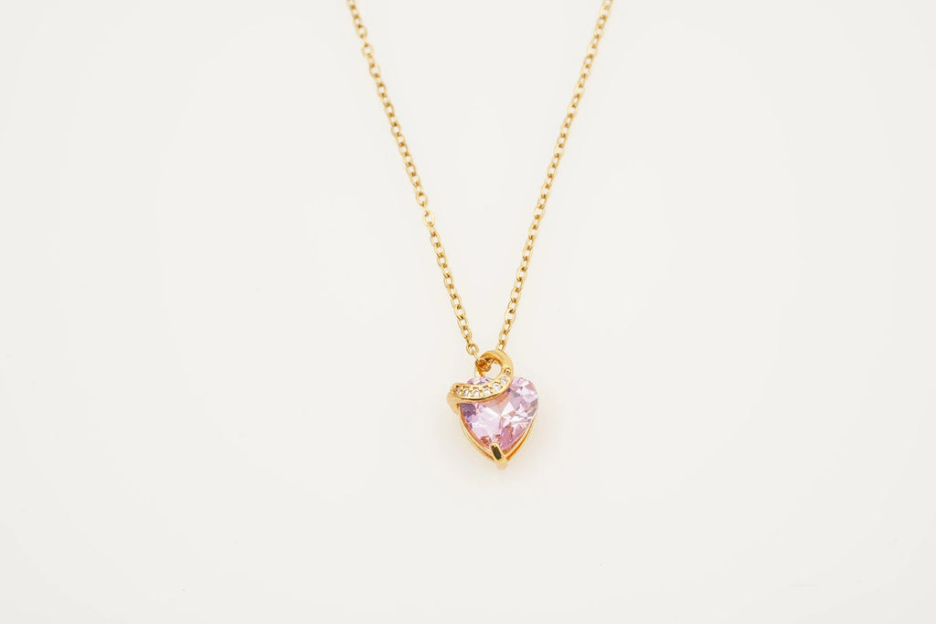 Pink Sapphire Heart Shaped Dainty Necklace With Gold Chain - Gigiscc