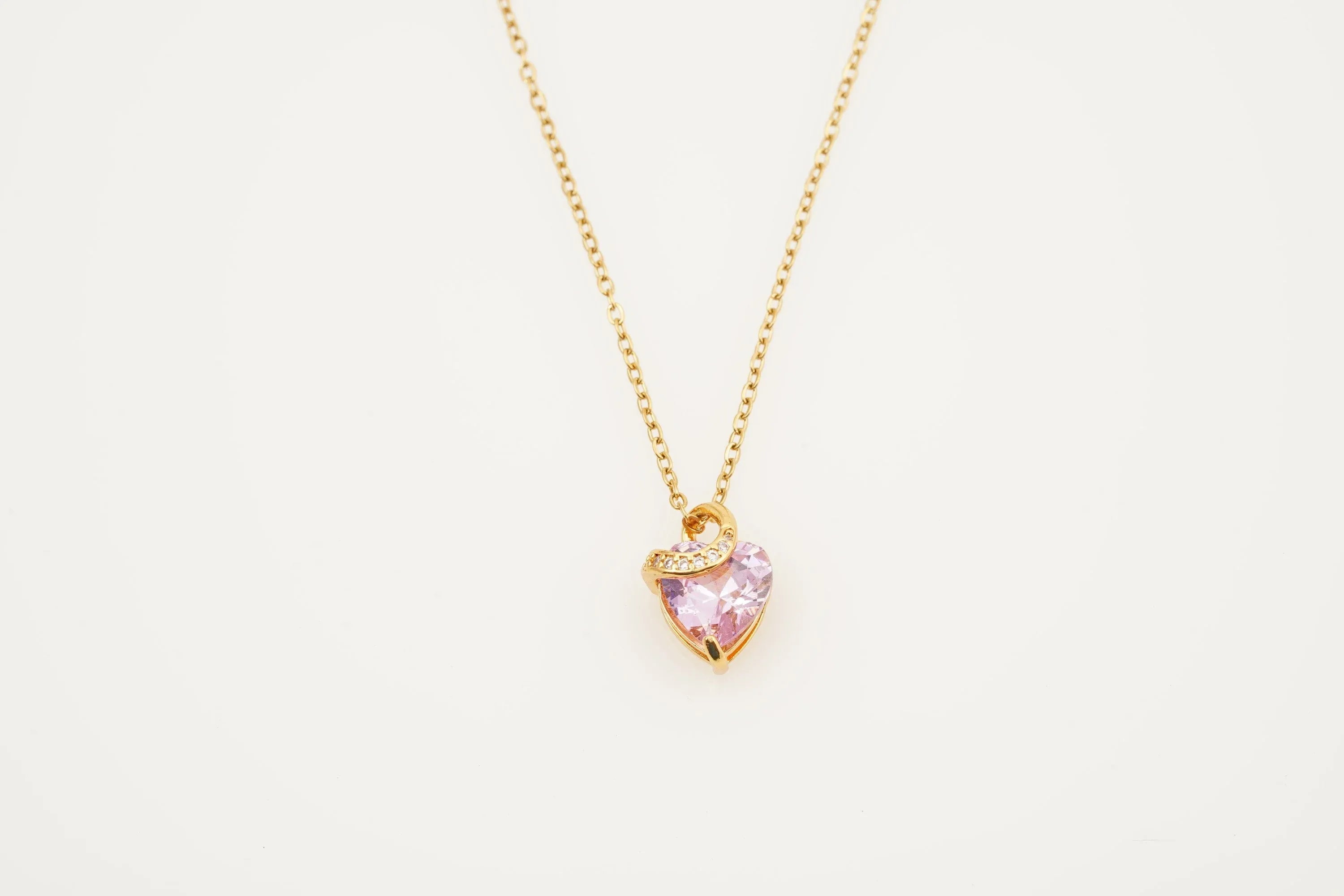 Pink Sapphire Heart Shaped Dainty Necklace With Gold Chain - Gigiscc