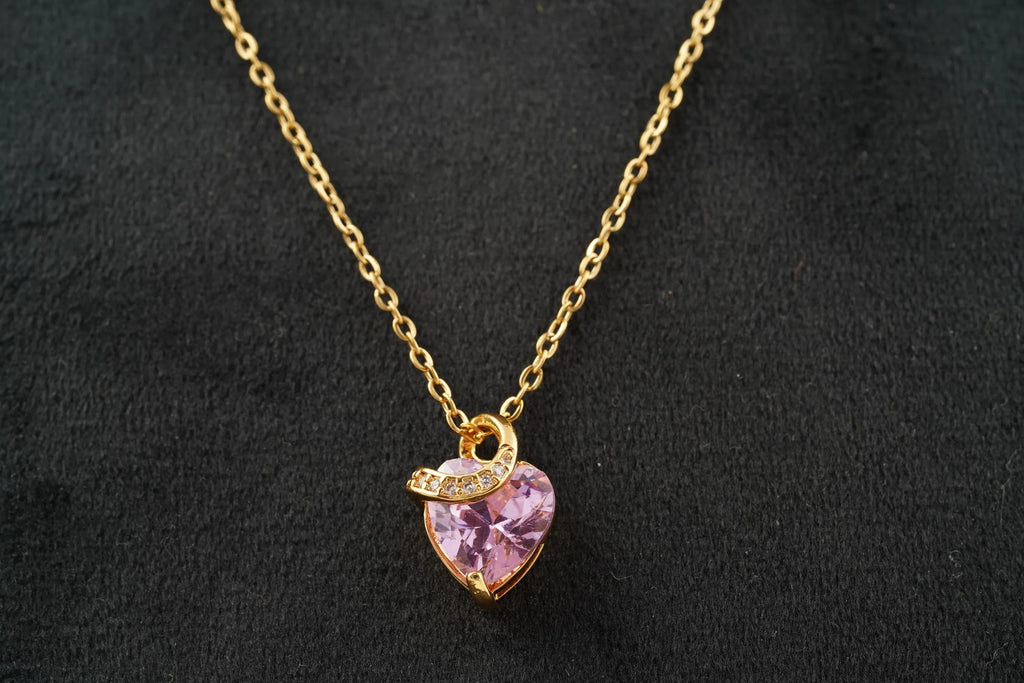 Pink Sapphire Heart Shaped Dainty Necklace With Gold Chain - Gigiscc