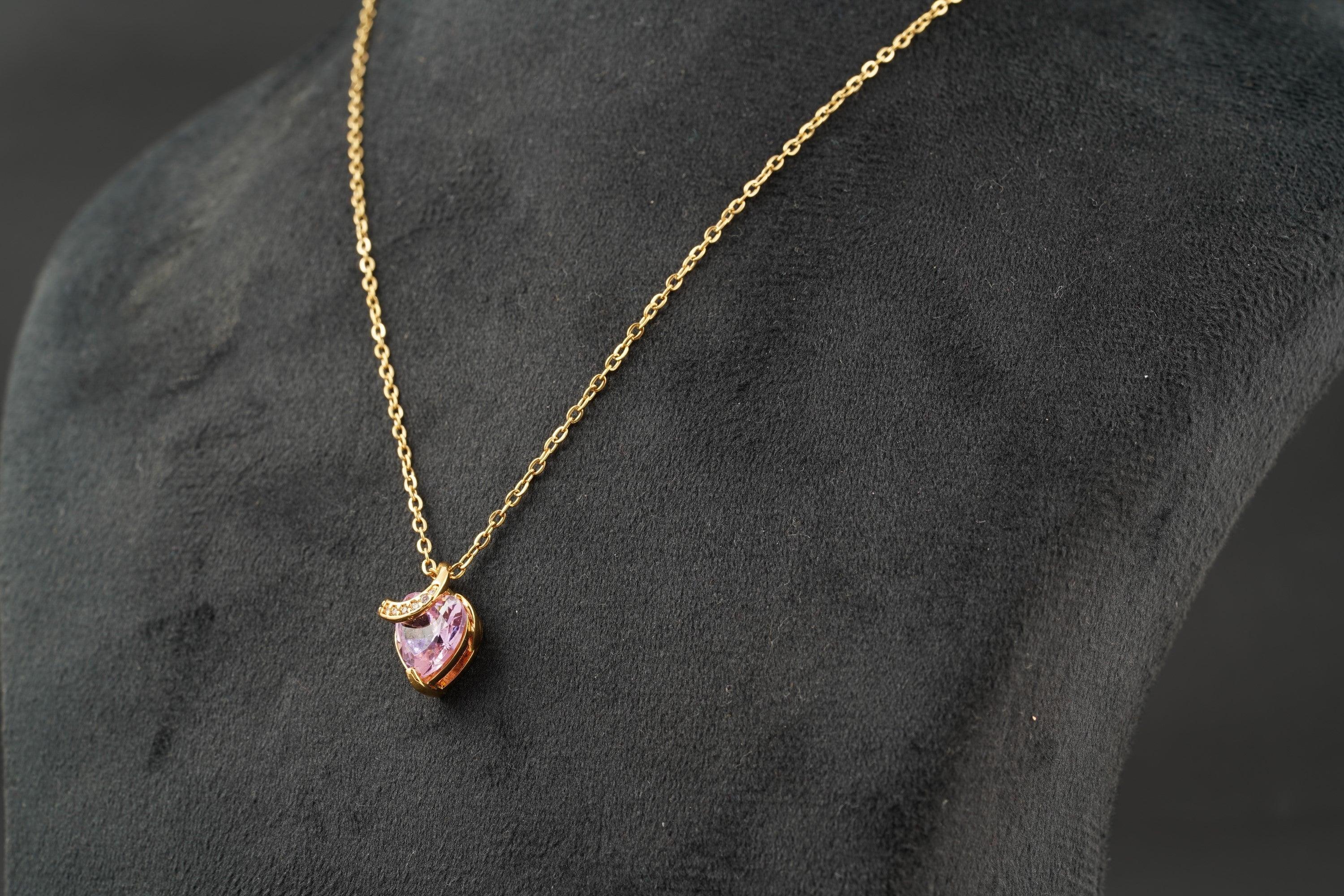 Pink Sapphire Heart Shaped Dainty Necklace With Gold Chain - Gigiscc