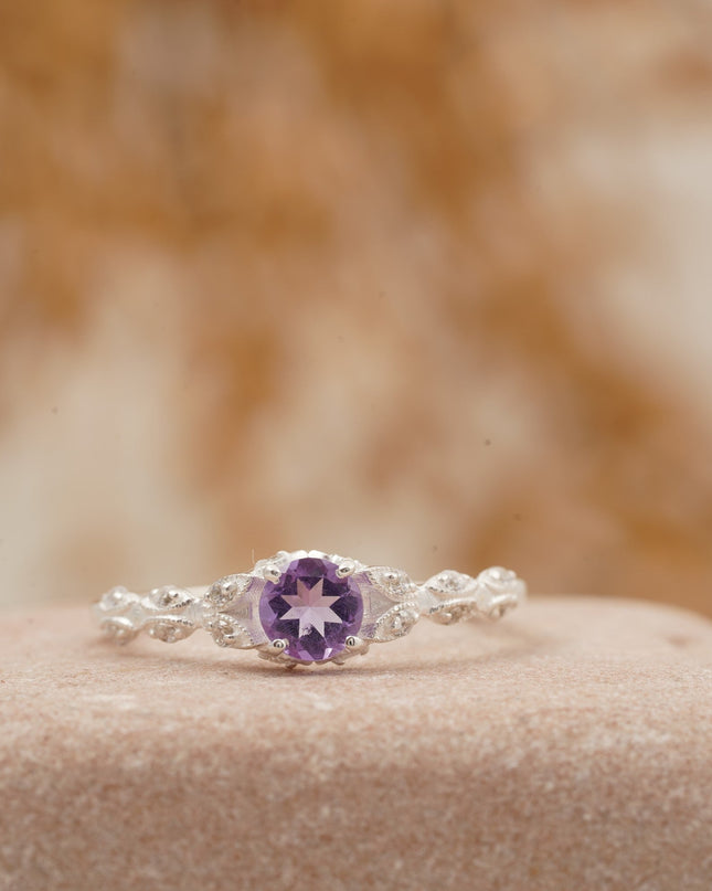 Round Cut Alexandrite 18k White Gold Dainty Engagement Ring