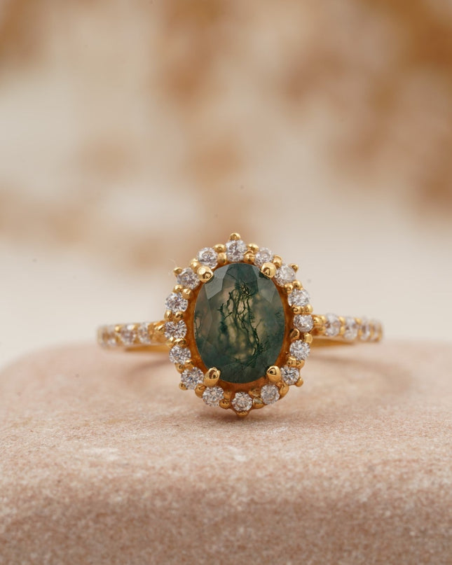Oval Moss Agate Halo Diamond Engagement Ring 14K Yellow Gold