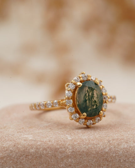 Oval Moss Agate Halo Diamond Engagement Ring 14K Yellow Gold