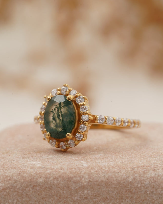 Oval Moss Agate Halo Diamond Engagement Ring 14K Yellow Gold