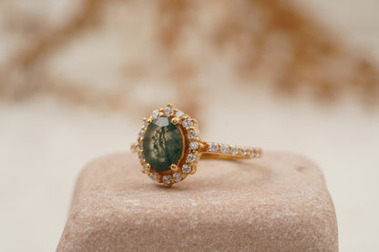 Oval Moss Agate Halo Diamond Engagement Ring 14K Yellow Gold