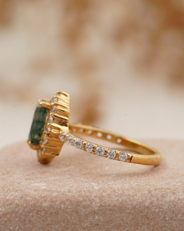 Oval Moss Agate Halo Diamond Engagement Ring 14K Yellow Gold