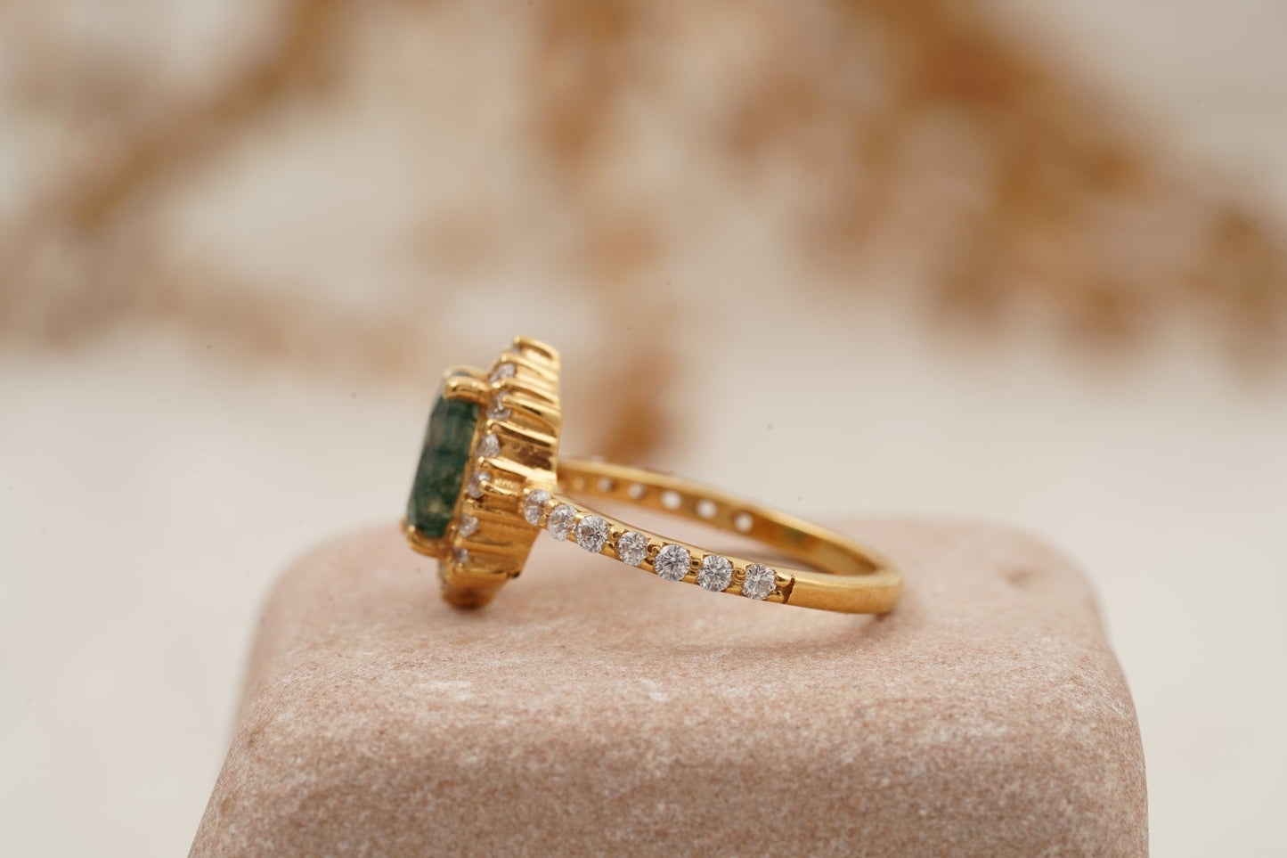 Oval Moss Agate Halo Diamond Engagement Ring 14K Yellow Gold