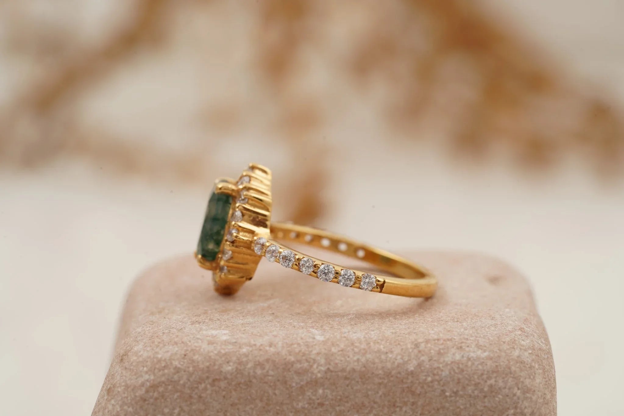 Oval Moss Agate Halo Diamond Engagement Ring 14K Yellow Gold - Gigiscc