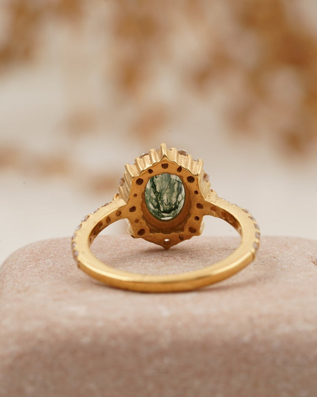 Oval Moss Agate Halo Diamond Engagement Ring 14K Yellow Gold