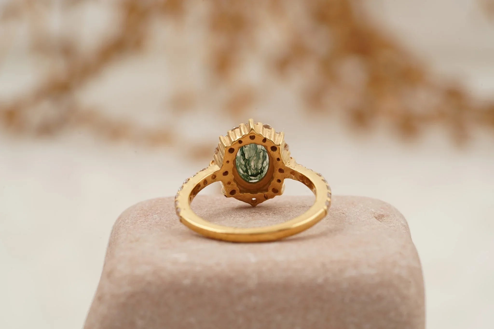 Oval Moss Agate Halo Diamond Engagement Ring 14K Yellow Gold - Gigiscc