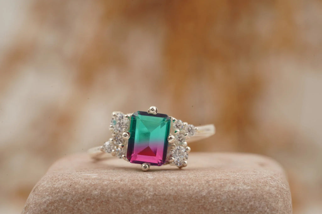 Watermelon Tourmaline 925 Sterling Silver Cluster Engagement Ring - Gigiscc