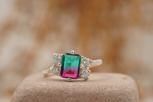 Watermelon Tourmaline Cluster Engagement Ring | 925 Sterling Silver