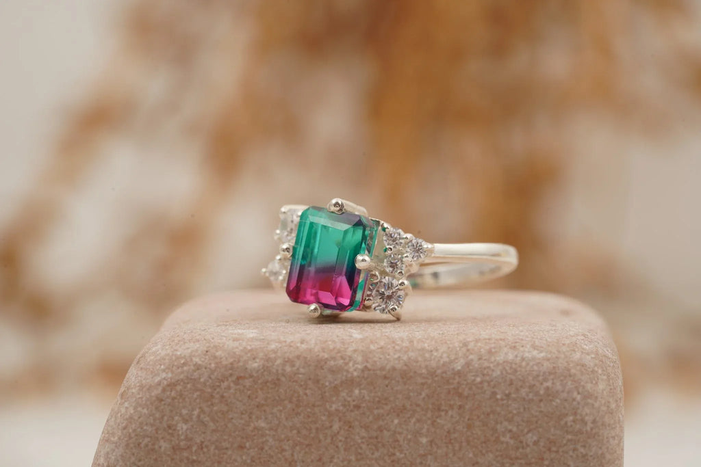 Watermelon Tourmaline 925 Sterling Silver Cluster Engagement Ring - Gigiscc