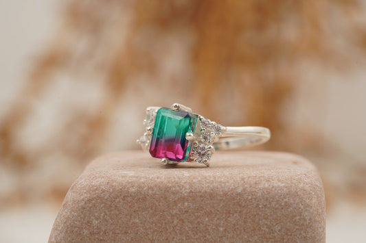 Watermelon Tourmaline 925 Sterling Silver Cluster Engagement Ring