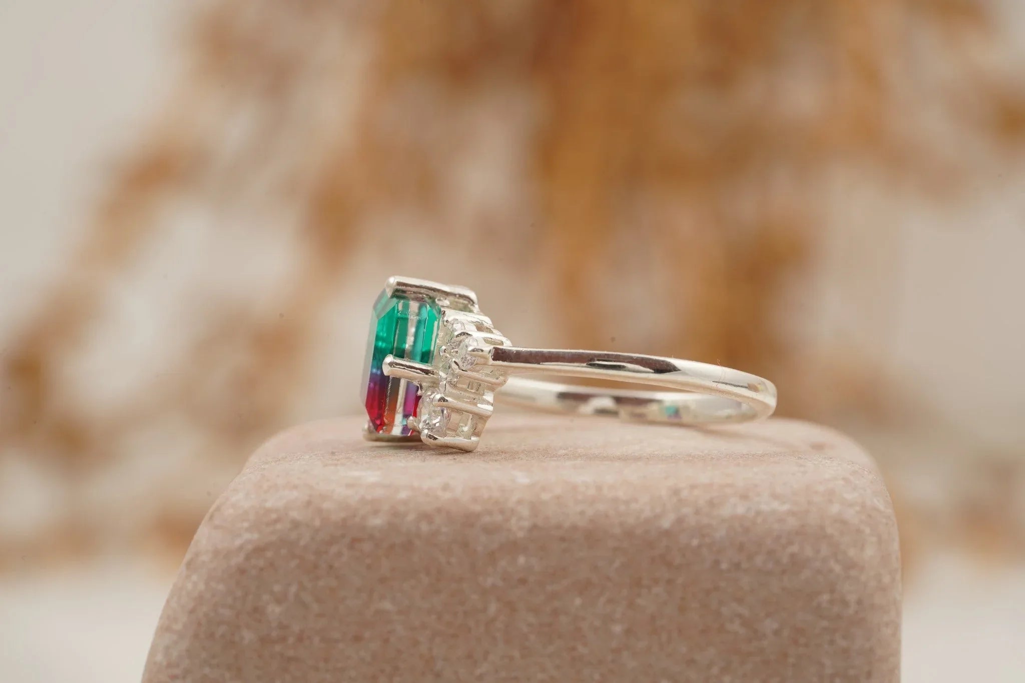 Watermelon Tourmaline 925 Sterling Silver Cluster Engagement Ring - Gigiscc