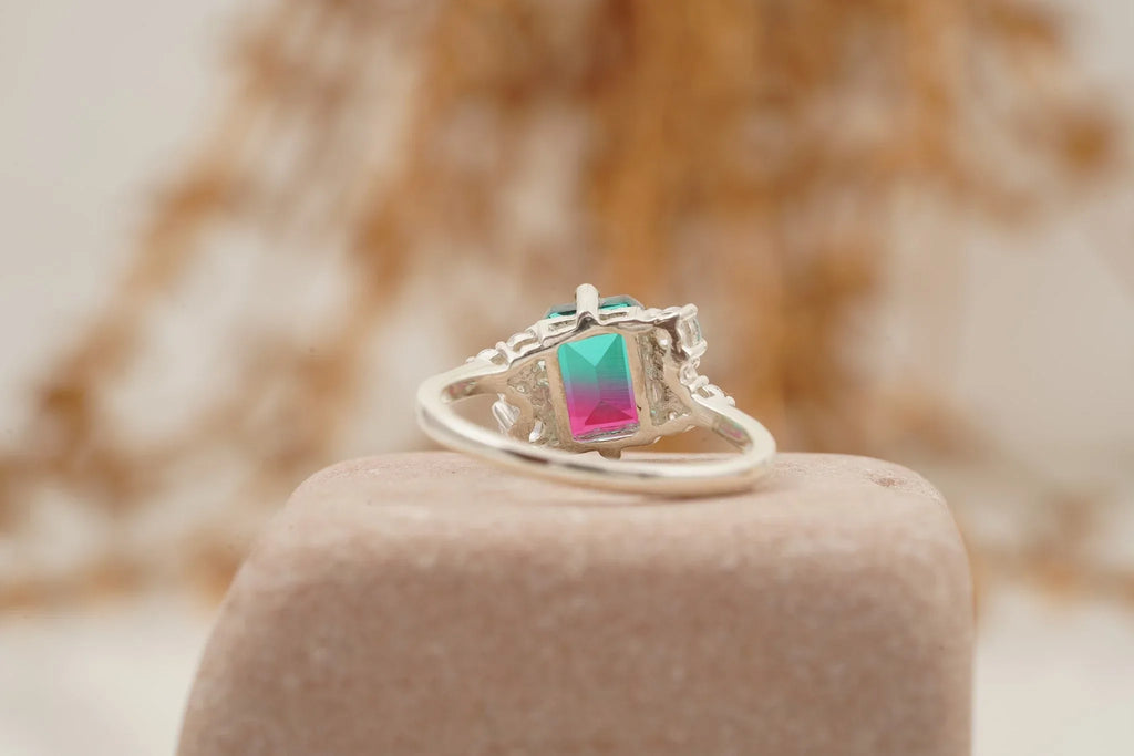 Watermelon Tourmaline 925 Sterling Silver Cluster Engagement Ring - Gigiscc
