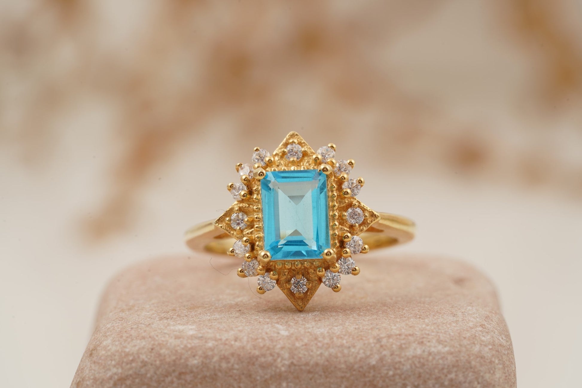 Vintage Aquamarine Cluster Engagement Ring in 14K Gold