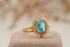 Vintage Cluster Unique Aquamarine Engagement Ring 14K Solid Gold - Gigiscc