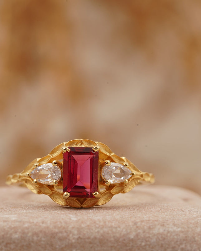 Emerald Cut Ruby Nature Inspired Leaf Gold Stacking Ring