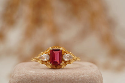 Emerald Cut Ruby Nature Inspired Leaf Gold Stacking Ring - Gigiscc