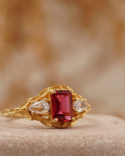 Emerald Cut Ruby Nature Inspired Leaf Gold Stacking Ring