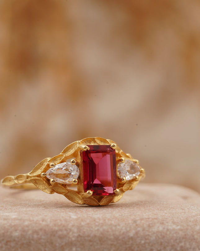 Emerald Cut Ruby Nature Inspired Leaf Gold Stacking Ring
