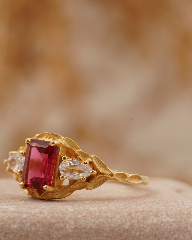 Emerald Cut Ruby Nature Inspired Leaf Gold Stacking Ring