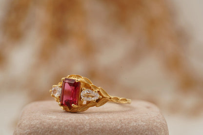 Emerald Cut Ruby Nature Inspired Leaf Gold Stacking Ring - Gigiscc
