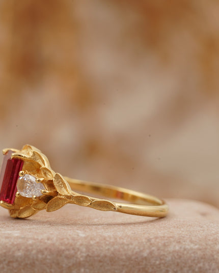 Emerald Cut Ruby Nature Inspired Leaf Gold Stacking Ring