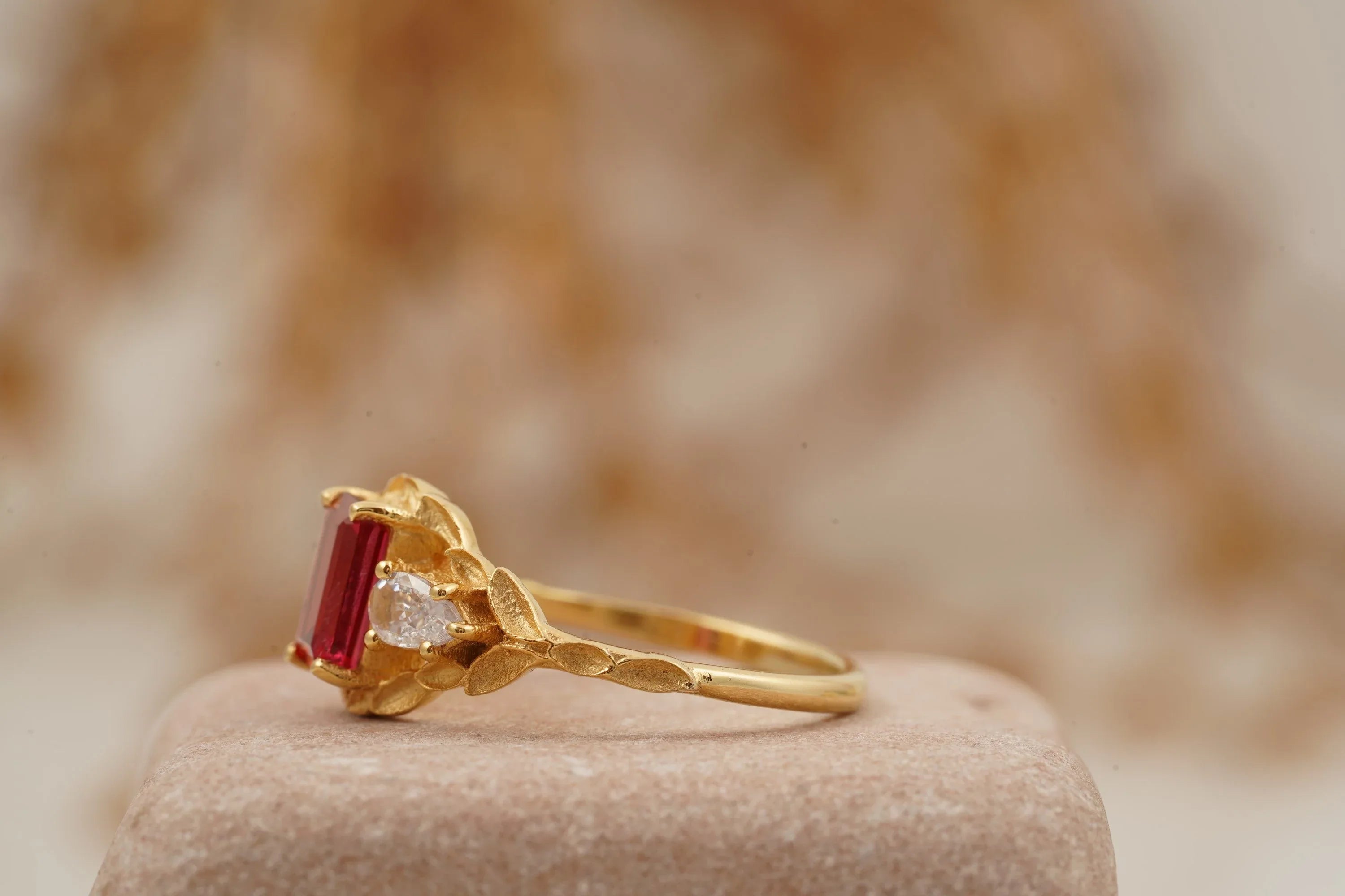 Emerald Cut Ruby Nature Inspired Leaf Gold Stacking Ring - Gigiscc